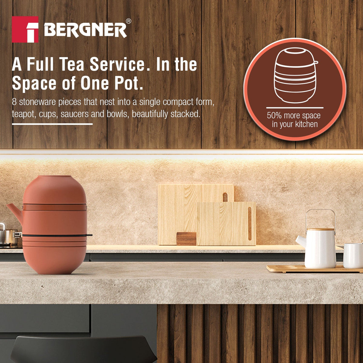 Bergner MasterPRO by Bergner Share Play Stoneware 8 Pcs Teaware Set - Clay Orange