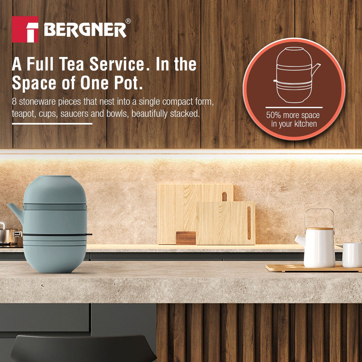 Bergner MasterPRO by Bergner Share Play Stoneware 8 Pcs Teaware Set - Dusty Blue