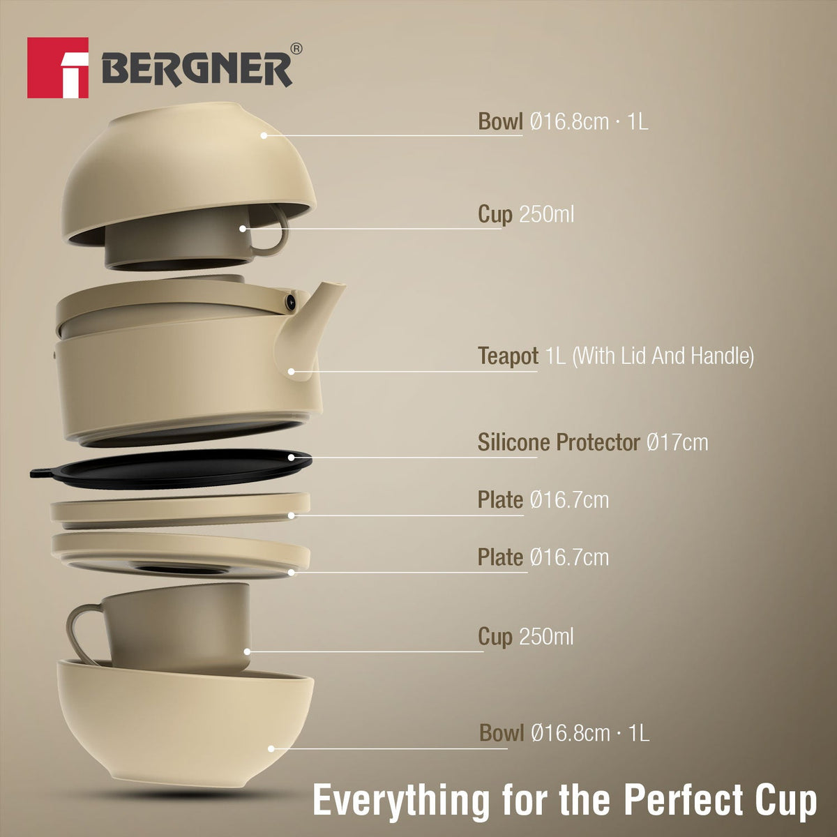 Bergner MasterPRO by Bergner Share Play Stoneware 8 Pcs Teaware Set - Warm Beige