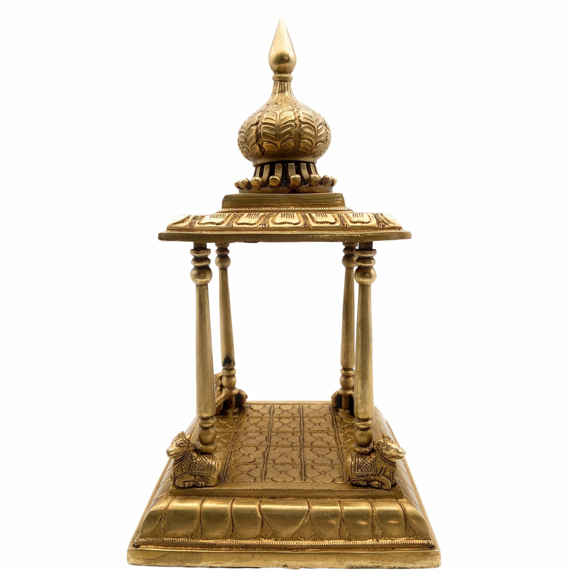 Bhunes Brass Pooja Mandir Temple, Handmade Mandap Peetha Peeta Peetham Chowki for Home, Office, Mandapam, Decor, and Gifting, Gold, 13 Inch, 1 Piece