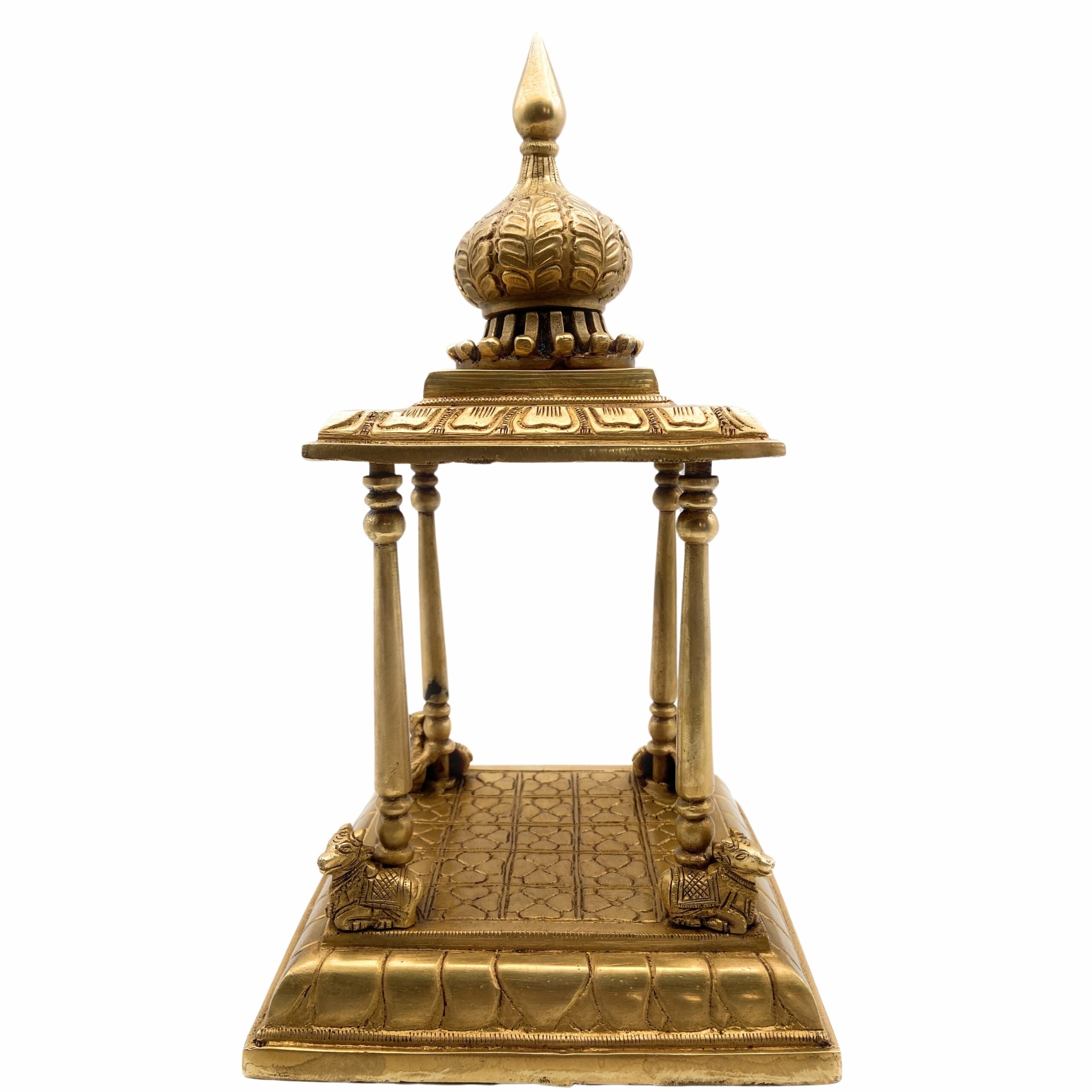 Bhunes Brass Pooja Mandir Temple, Handmade Mandap Peetha Peeta Peetham Chowki for Home, Office, Mandapam, Decor, and Gifting, Gold, 13 Inch, 1 Piece