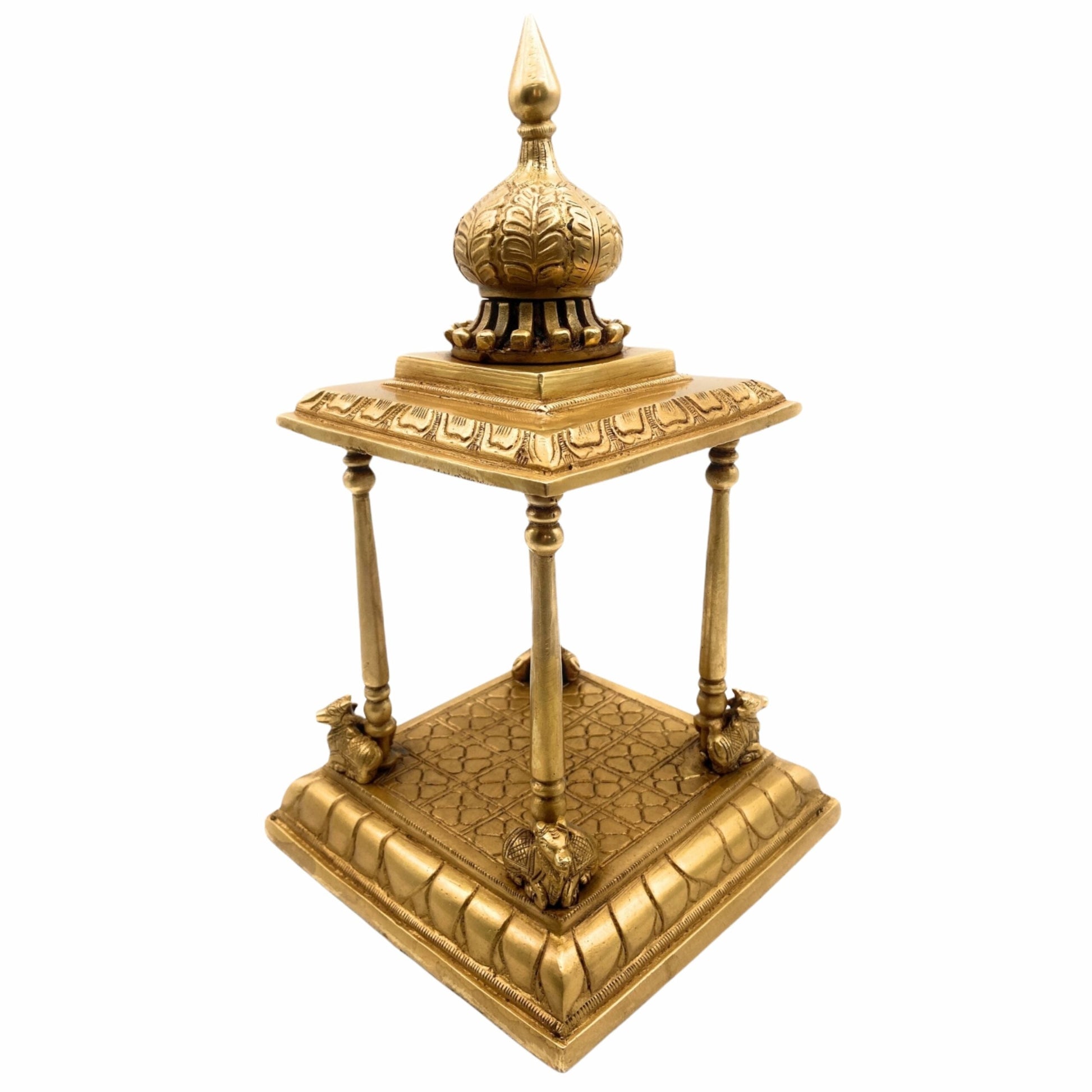 Bhunes Brass Pooja Mandir Temple, Handmade Mandap Peetha Peeta Peetham Chowki for Home, Office, Mandapam, Decor, and Gifting, Gold, 13 Inch, 1 Piece
