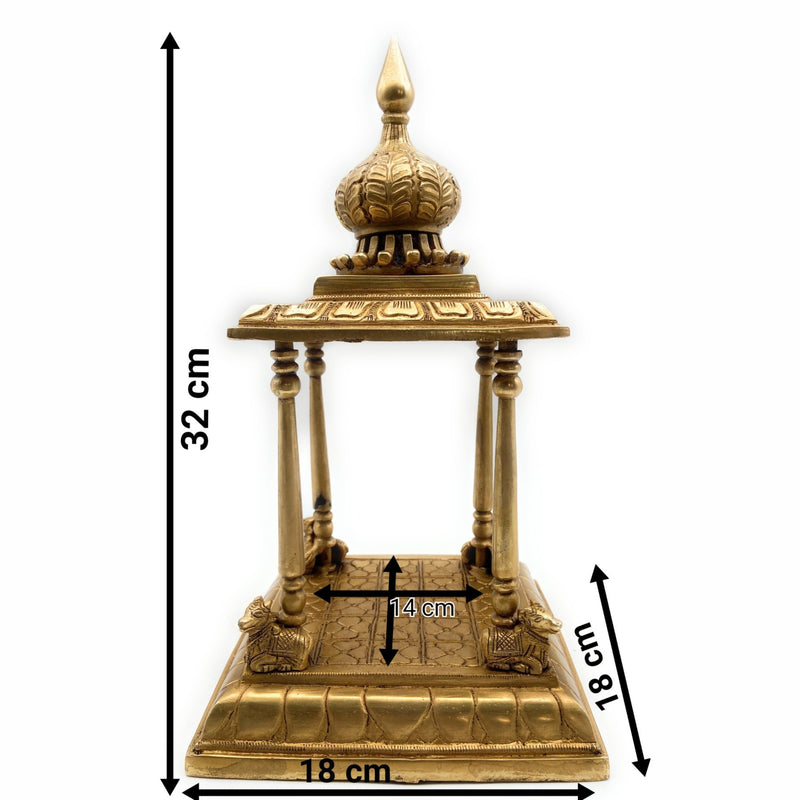 Bhunes Brass Pooja Mandir Temple, Handmade Mandap Peetha Peeta Peetham Chowki for Home, Office, Mandapam, Decor, and Gifting, Gold, 13 Inch, 1 Piece