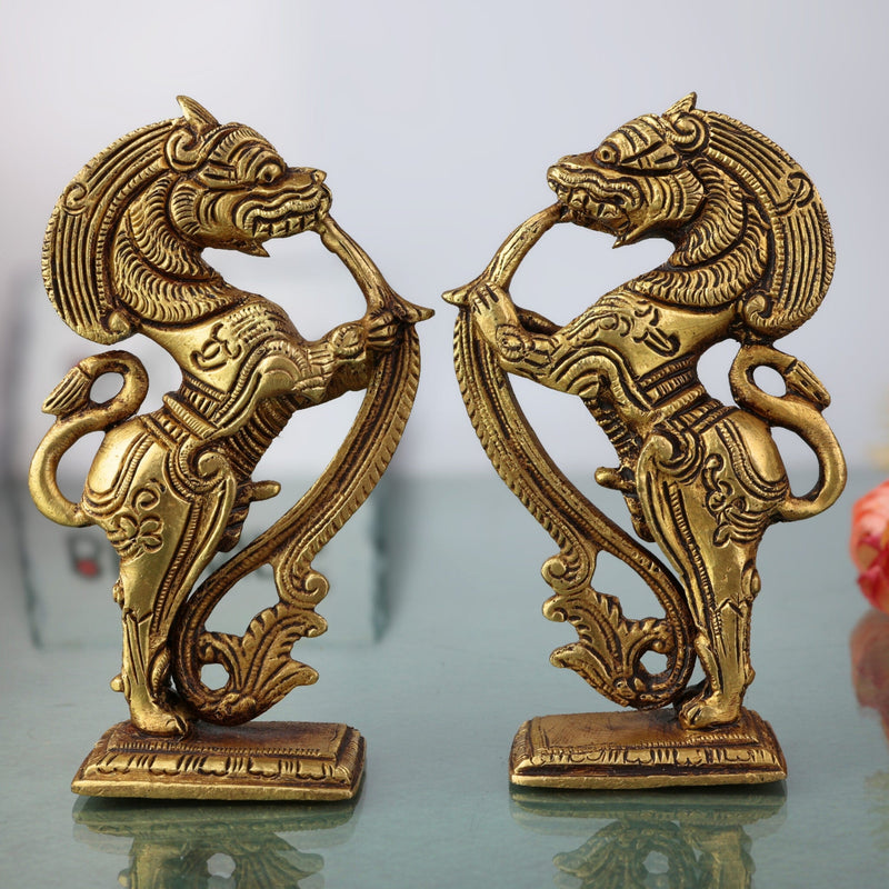 Brass Lion Scultpture | Lion Brass Statue | Lion Statues Showpieces | Bras Simha | Sher Ki Murti | India Temple Lions | Lion Statue | Set Of 2, Gold, 5 Inch, 1 Piece