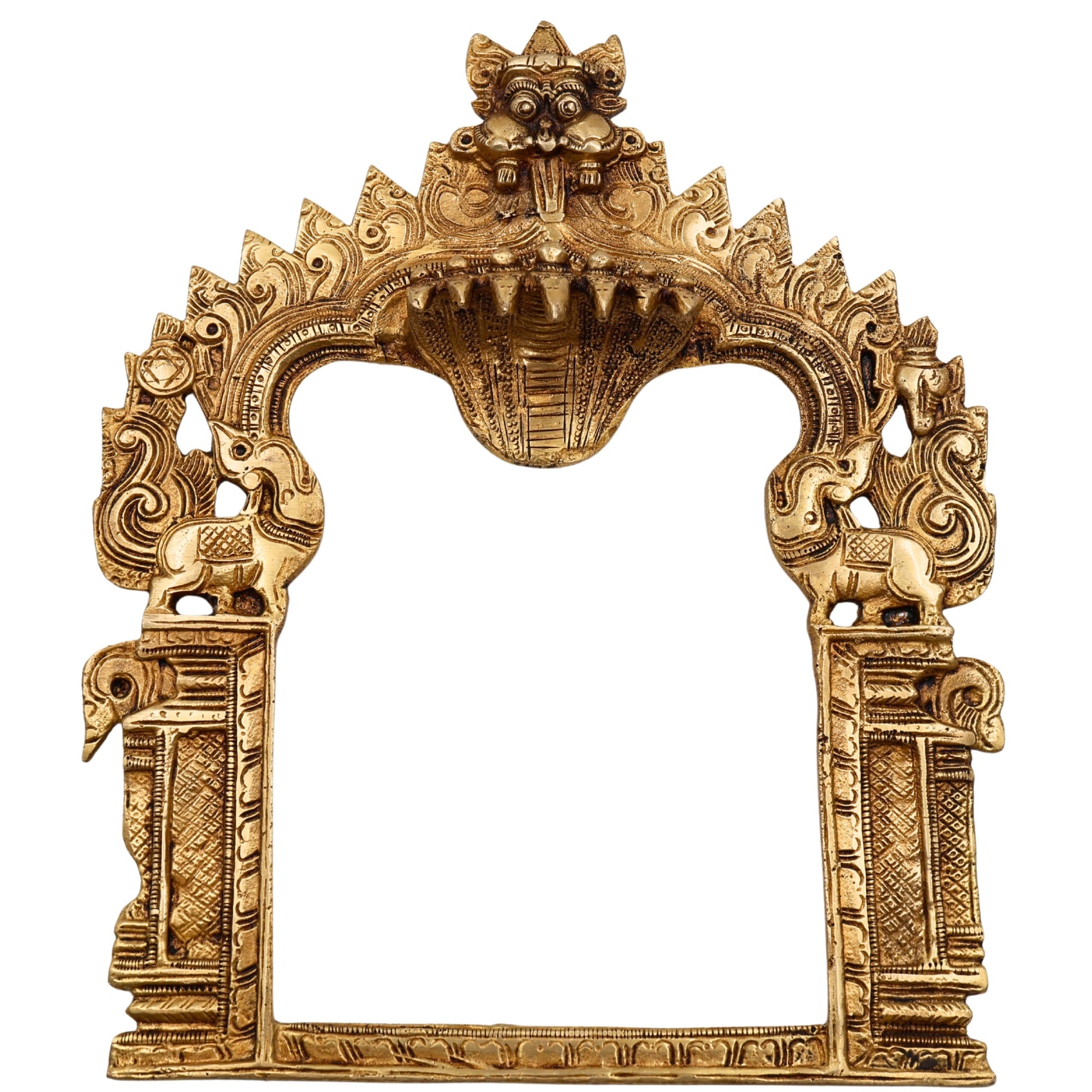 Bhunes Brass Traditional Prabhavali Arch Frame, Wall Hanging Prabhawali for Home Temple Decor | Prabhaval for Deity Idol | Kirtimukha Brass Backdrop, Gold, 10.5 Inch, 1 Piece