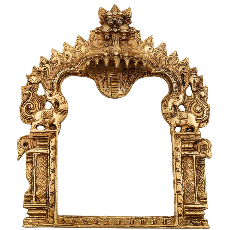 Bhunes Brass Traditional Prabhavali Arch Frame, Wall Hanging Prabhawali for Home Temple Decor | Prabhaval for Deity Idol | Kirtimukha Brass Backdrop, Gold, 10.5 Inch, 1 Piece