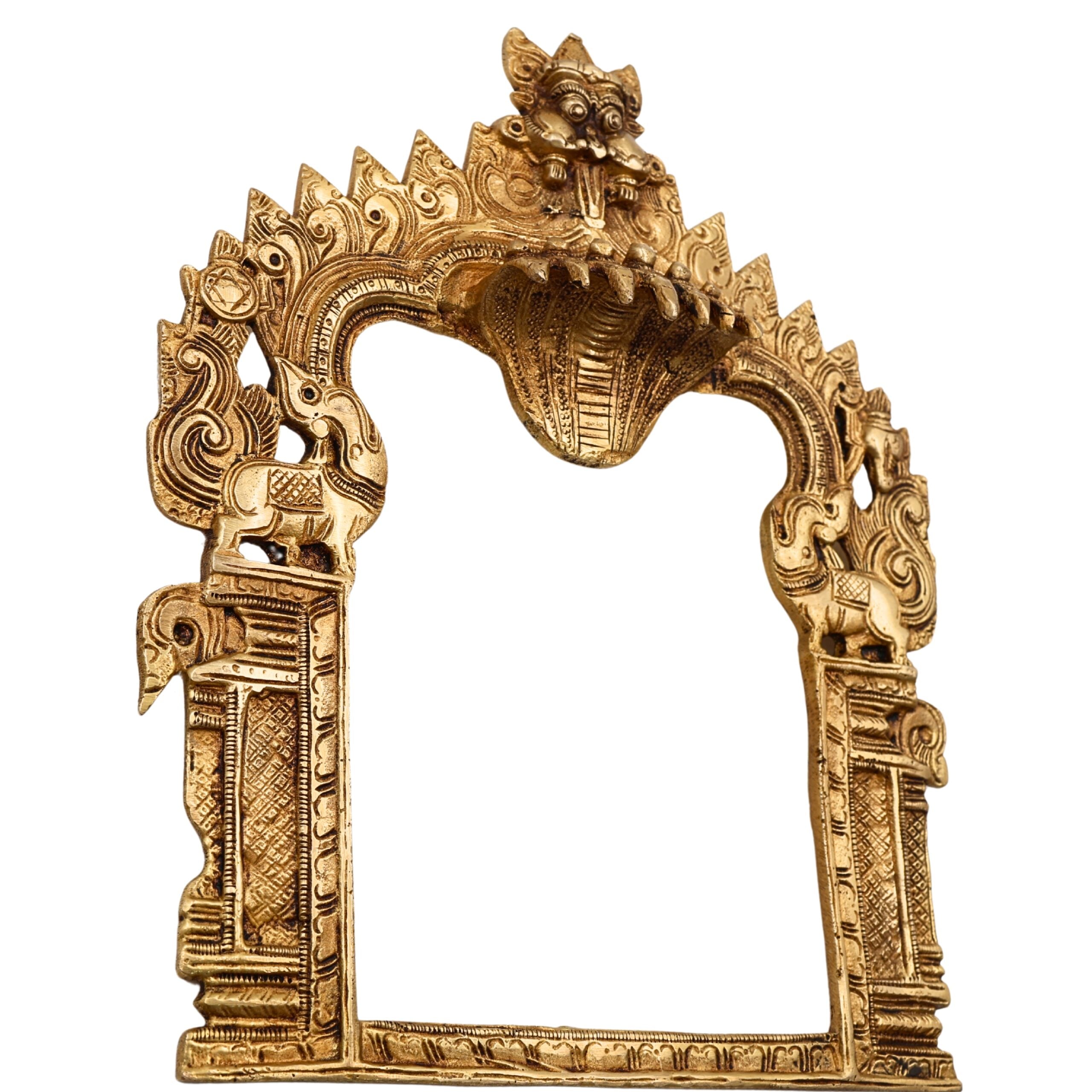 Bhunes Brass Traditional Prabhavali Arch Frame, Wall Hanging Prabhawali for Home Temple Decor | Prabhaval for Deity Idol | Kirtimukha Brass Backdrop, Gold, 10.5 Inch, 1 Piece