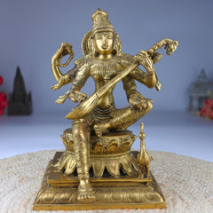 Brass Saraswati Idol, Maa Sharada Vagdevi Murti, Veena Pustak Dharini Statue, Hindu Goddess of Knowledge, Wisdom, Learning & Art, Home, Temple & Office Decor, Gold, 12 Inch, 1 Piece