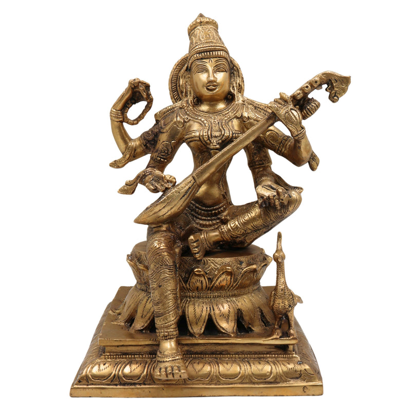 Brass Saraswati Idol, Maa Sharada Vagdevi Murti, Veena Pustak Dharini Statue, Hindu Goddess of Knowledge, Wisdom, Learning & Art, Home, Temple & Office Decor, Gold, 12 Inch, 1 Piece
