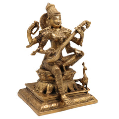 Brass Saraswati Idol, Maa Sharada Vagdevi Murti, Veena Pustak Dharini Statue, Hindu Goddess of Knowledge, Wisdom, Learning & Art, Home, Temple & Office Decor, Gold, 12 Inch, 1 Piece