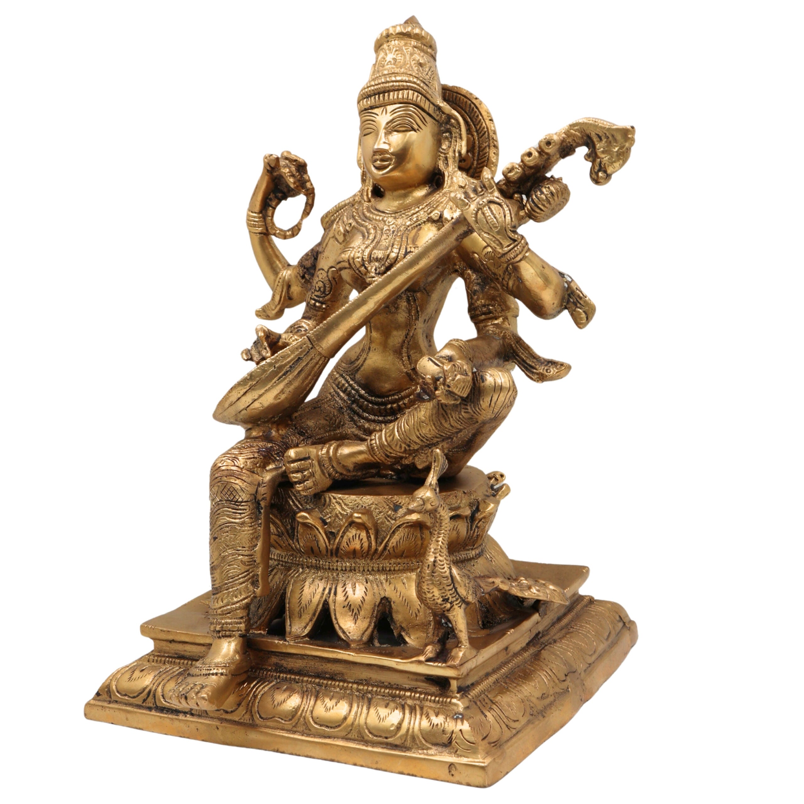Brass Saraswati Idol, Maa Sharada Vagdevi Murti, Veena Pustak Dharini Statue, Hindu Goddess of Knowledge, Wisdom, Learning & Art, Home, Temple & Office Decor, Gold, 12 Inch, 1 Piece