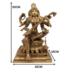 Brass Saraswati Idol, Maa Sharada Vagdevi Murti, Veena Pustak Dharini Statue, Hindu Goddess of Knowledge, Wisdom, Learning & Art, Home, Temple & Office Decor, Gold, 12 Inch, 1 Piece