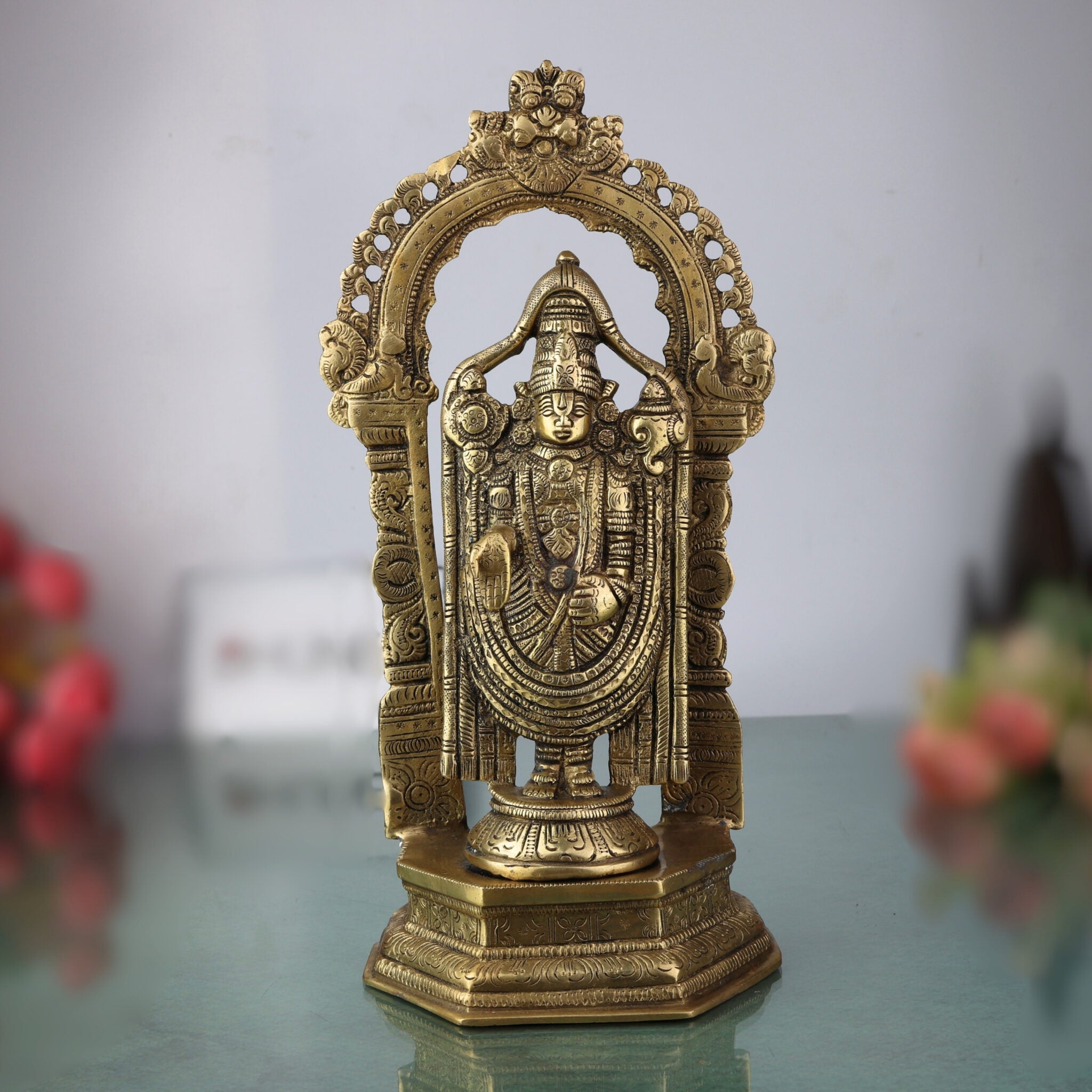 Brass Venkateswara Idol | Balaji Murti | Srinivasa Statue | Narayana Vigraha | Vishnu Brass Idol | Temple Pooja Decor | Spiritual Gift Showpiece, Gold, 8 Inch, 1 Piece