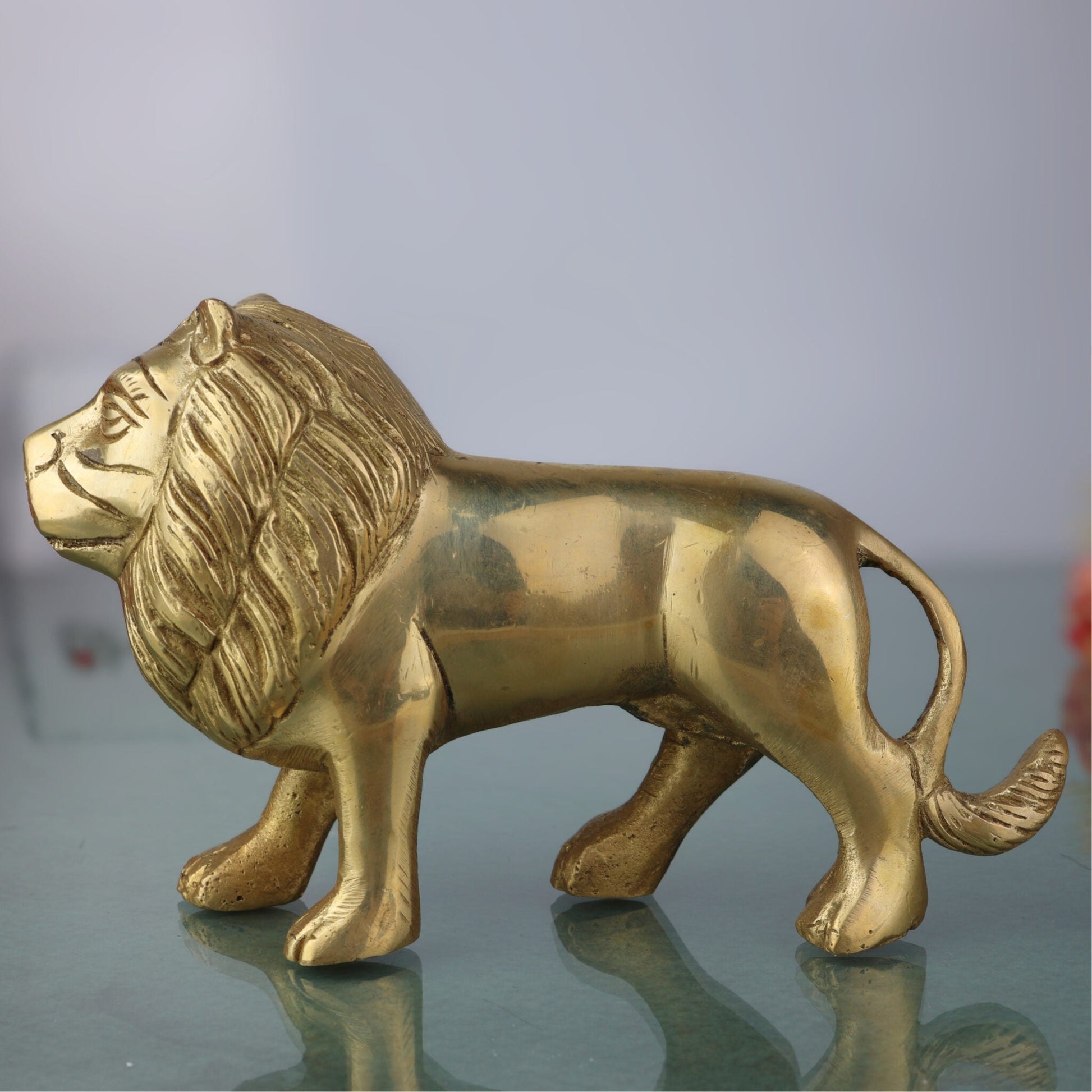 Brass Handcrafted Lion Idol | Handcrafted Simha Sher Narasimha Sculpture for Home, Temple & Office Decor | Peetal, Pittal, Ashtadhatu Figurine, Gold, 4.5 Inch, 1 Piece