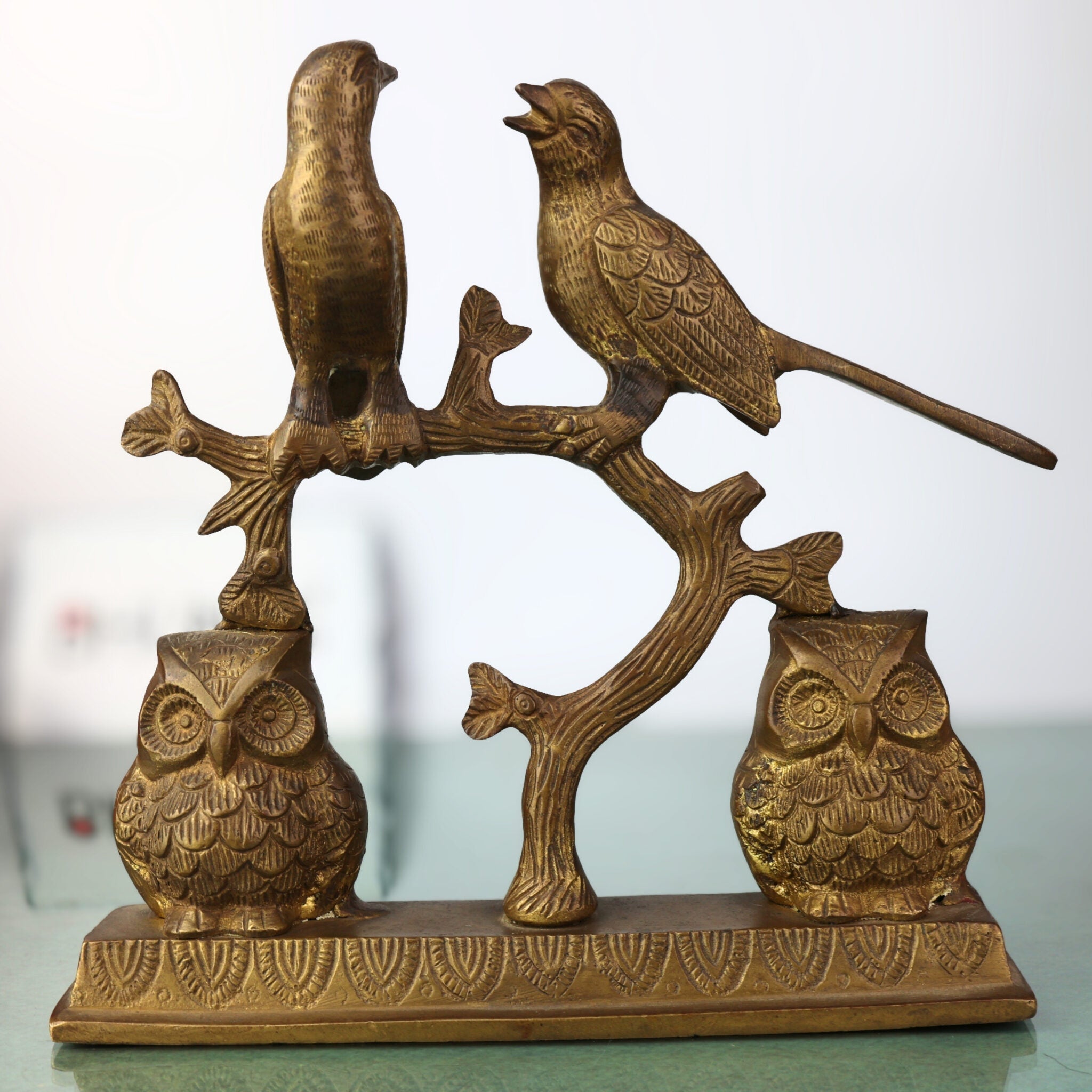Handcrafted Brass Owl & Birds Idol | Peetal, Pittal, Ashtadhatu Decorative Sculpture | Owl, Peafowl, Parrot Figurines for Home & Temple Decor, Gold, 9 Inch, 1 Piece