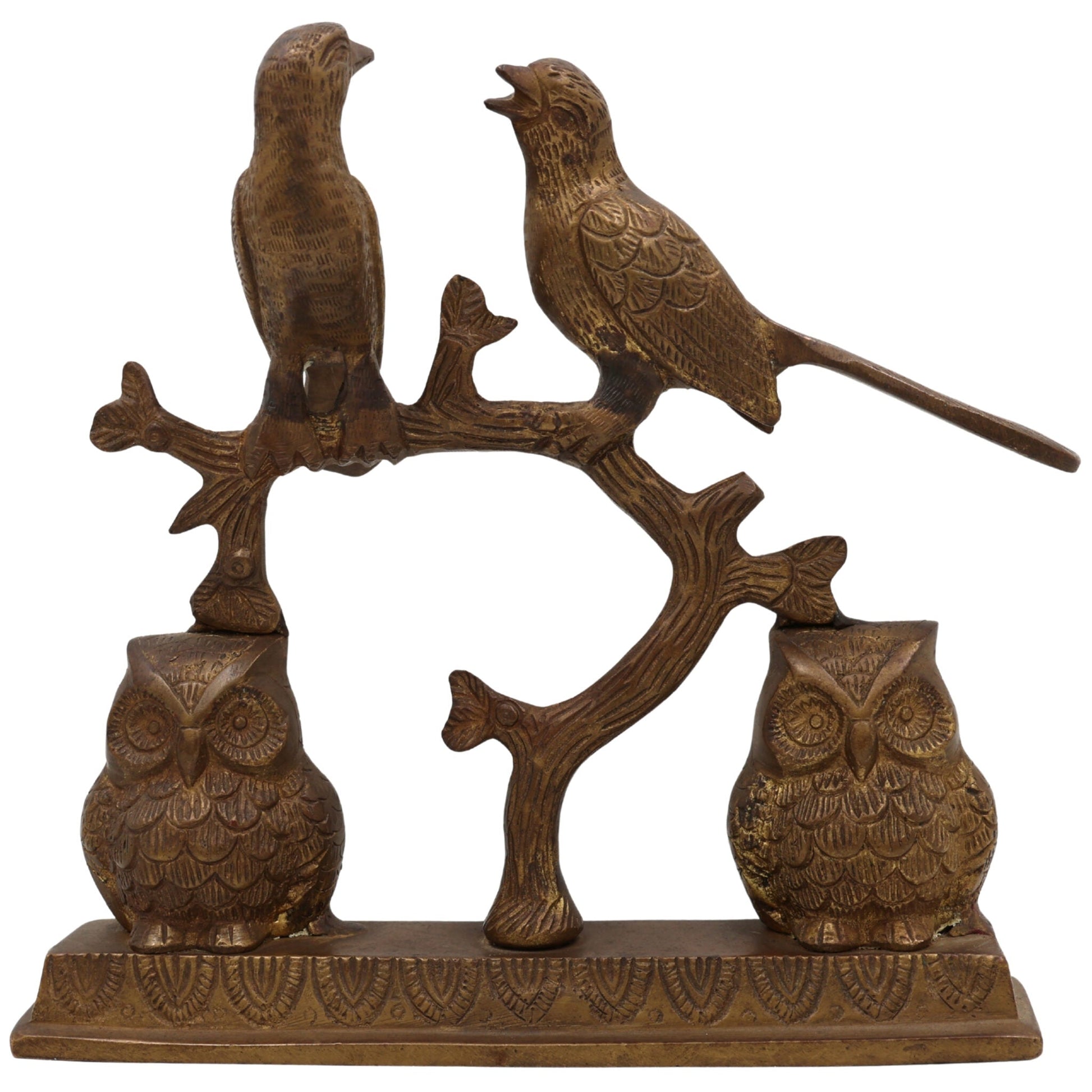 Handcrafted Brass Owl & Birds Idol | Peetal, Pittal, Ashtadhatu Decorative Sculpture | Owl, Peafowl, Parrot Figurines for Home & Temple Decor, Gold, 9 Inch, 1 Piece