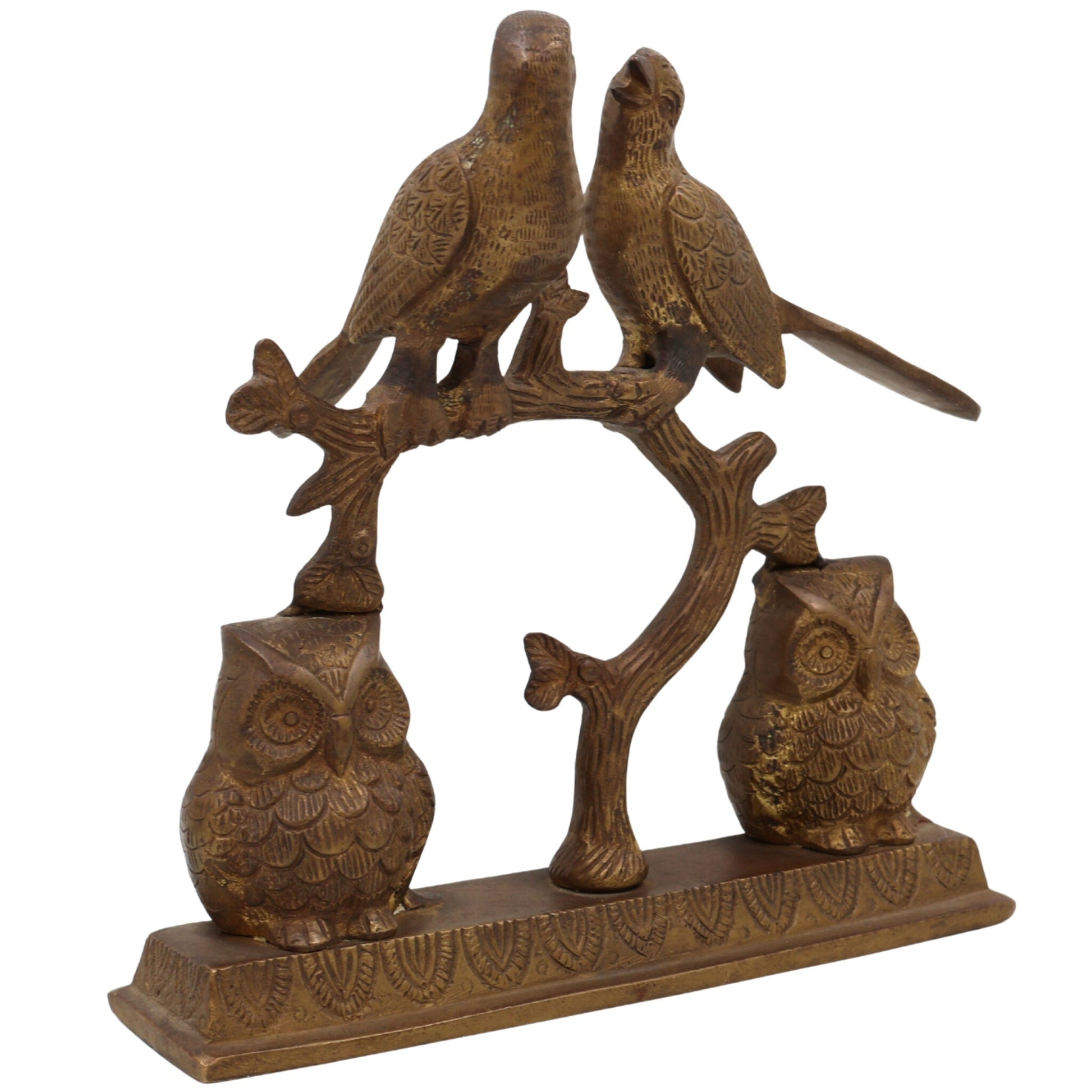 Handcrafted Brass Owl & Birds Idol | Peetal, Pittal, Ashtadhatu Decorative Sculpture | Owl, Peafowl, Parrot Figurines for Home & Temple Decor, Gold, 9 Inch, 1 Piece