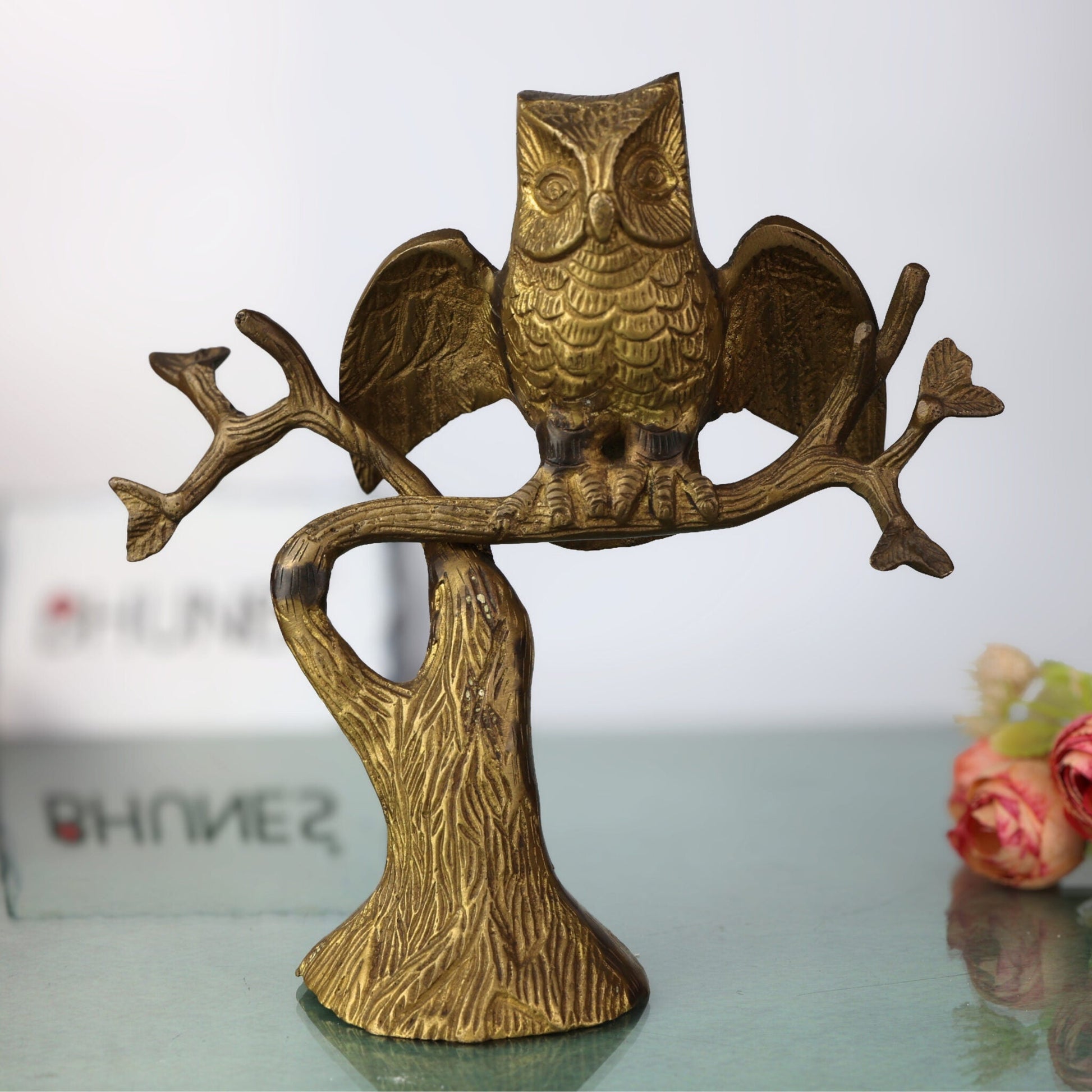 Brass Owl Idol, Ullu Statue, Wisdom Bird Figurine, Peetal Pittal Owl Sitting on Tree Sculpture, Decorative Brass Collectible, Feng Shui Lucky Owl Ornament, Gold, 8 Inch, 1 Piece