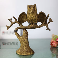 Brass Owl Idol, Ullu Statue, Wisdom Bird Figurine, Peetal Pittal Owl Sitting on Tree Sculpture, Decorative Brass Collectible, Feng Shui Lucky Owl Ornament, Gold, 8 Inch, 1 Piece