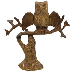 Brass Owl Idol, Ullu Statue, Wisdom Bird Figurine, Peetal Pittal Owl Sitting on Tree Sculpture, Decorative Brass Collectible, Feng Shui Lucky Owl Ornament, Gold, 8 Inch, 1 Piece