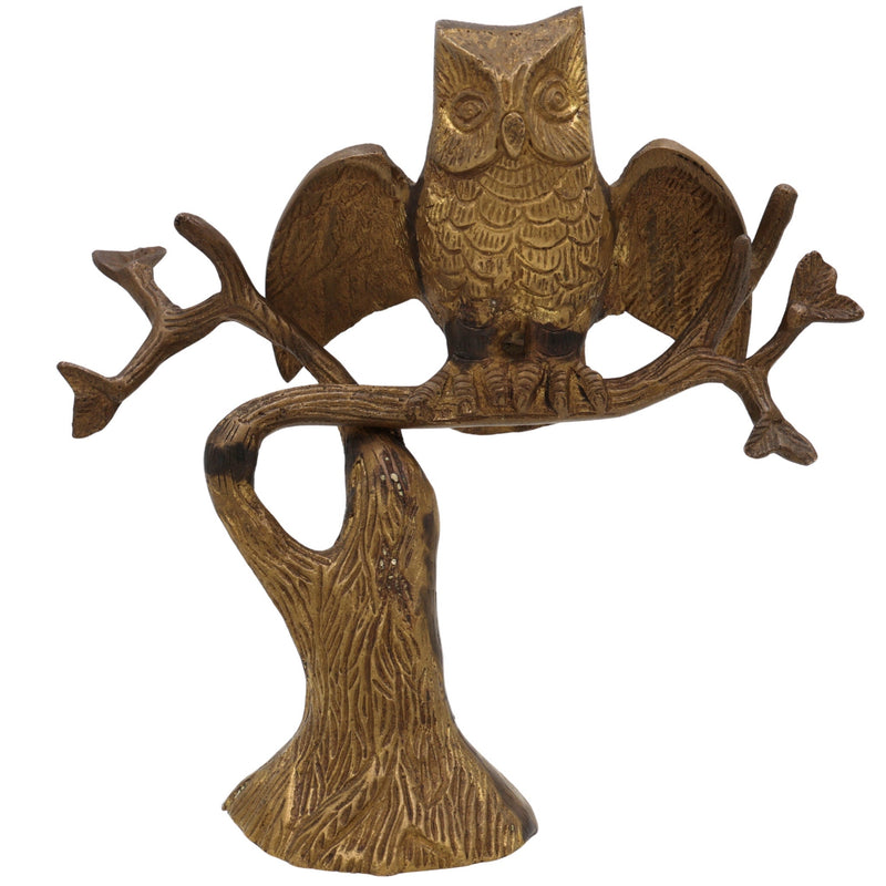 Brass Owl Idol, Ullu Statue, Wisdom Bird Figurine, Peetal Pittal Owl Sitting on Tree Sculpture, Decorative Brass Collectible, Feng Shui Lucky Owl Ornament, Gold, 8 Inch, 1 Piece