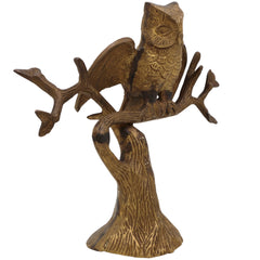 Brass Owl Idol, Ullu Statue, Wisdom Bird Figurine, Peetal Pittal Owl Sitting on Tree Sculpture, Decorative Brass Collectible, Feng Shui Lucky Owl Ornament, Gold, 8 Inch, 1 Piece