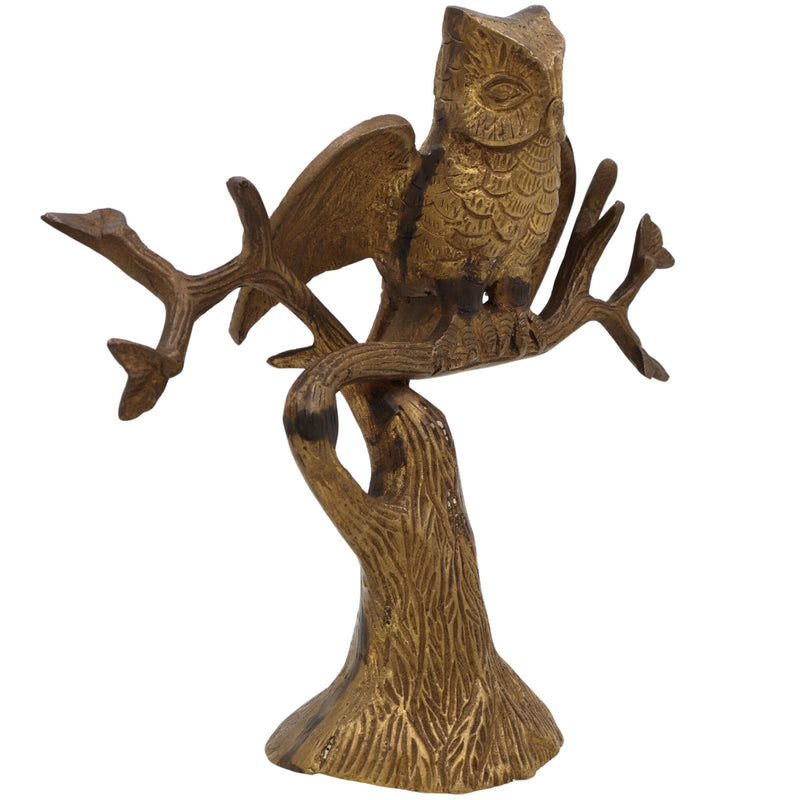 Brass Owl Idol, Ullu Statue, Wisdom Bird Figurine, Peetal Pittal Owl Sitting on Tree Sculpture, Decorative Brass Collectible, Feng Shui Lucky Owl Ornament, Gold, 8 Inch, 1 Piece