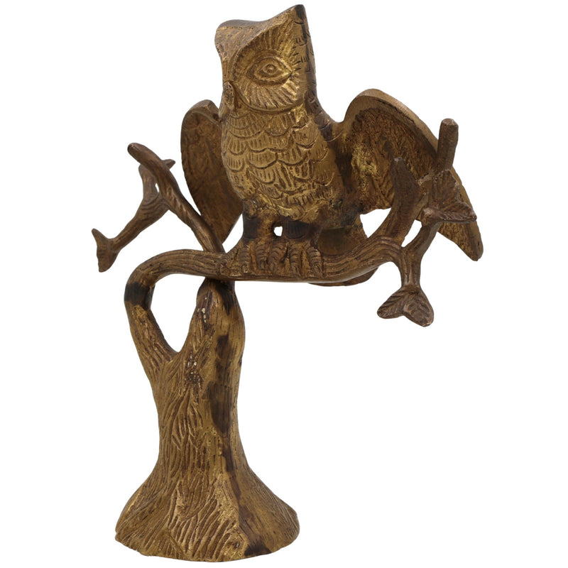 Brass Owl Idol, Ullu Statue, Wisdom Bird Figurine, Peetal Pittal Owl Sitting on Tree Sculpture, Decorative Brass Collectible, Feng Shui Lucky Owl Ornament, Gold, 8 Inch, 1 Piece