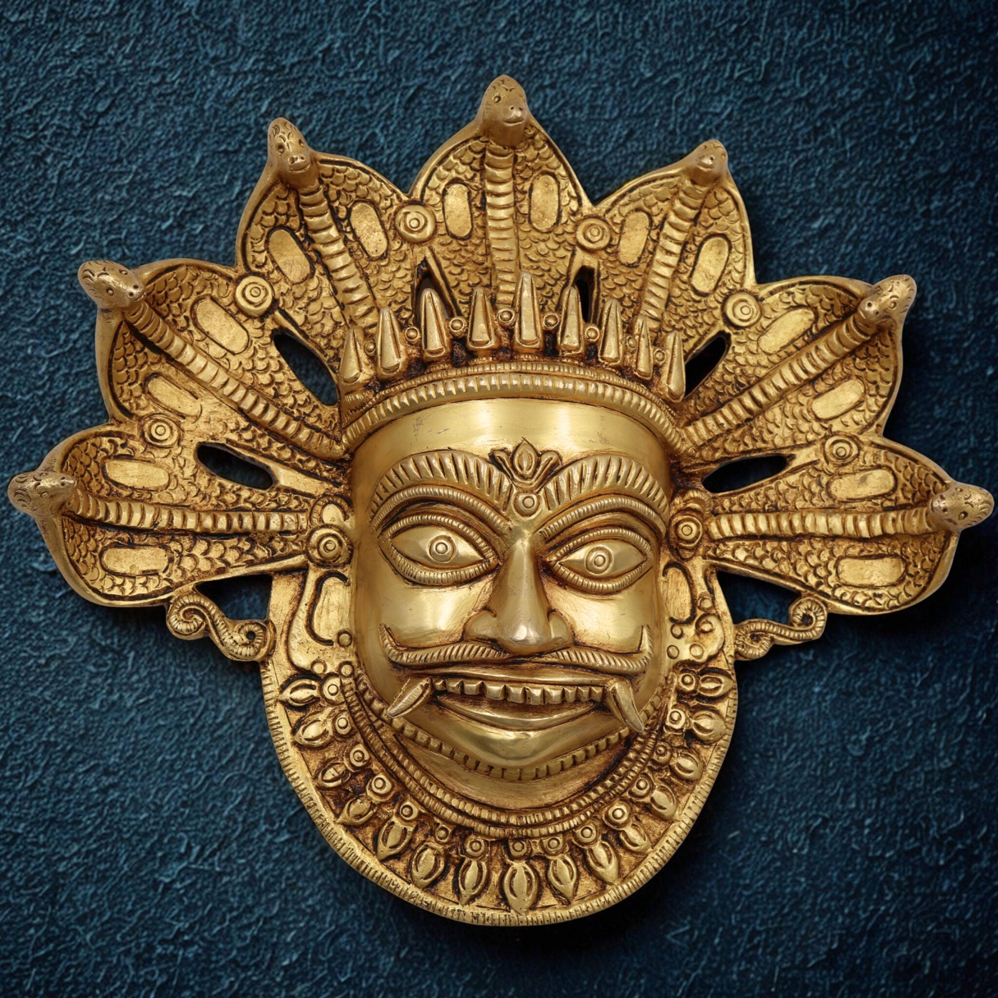 Brass Bhairava Face Idol, Kala Bhairav Murti for Pooja, Home Temple, Spiritual Decor & Protection, Gold, 9 Inch, 1 Piece