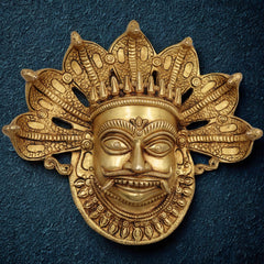 Brass Bhairava Face Idol, Kala Bhairav Murti for Pooja, Home Temple, Spiritual Decor & Protection, Gold, 9 Inch, 1 Piece