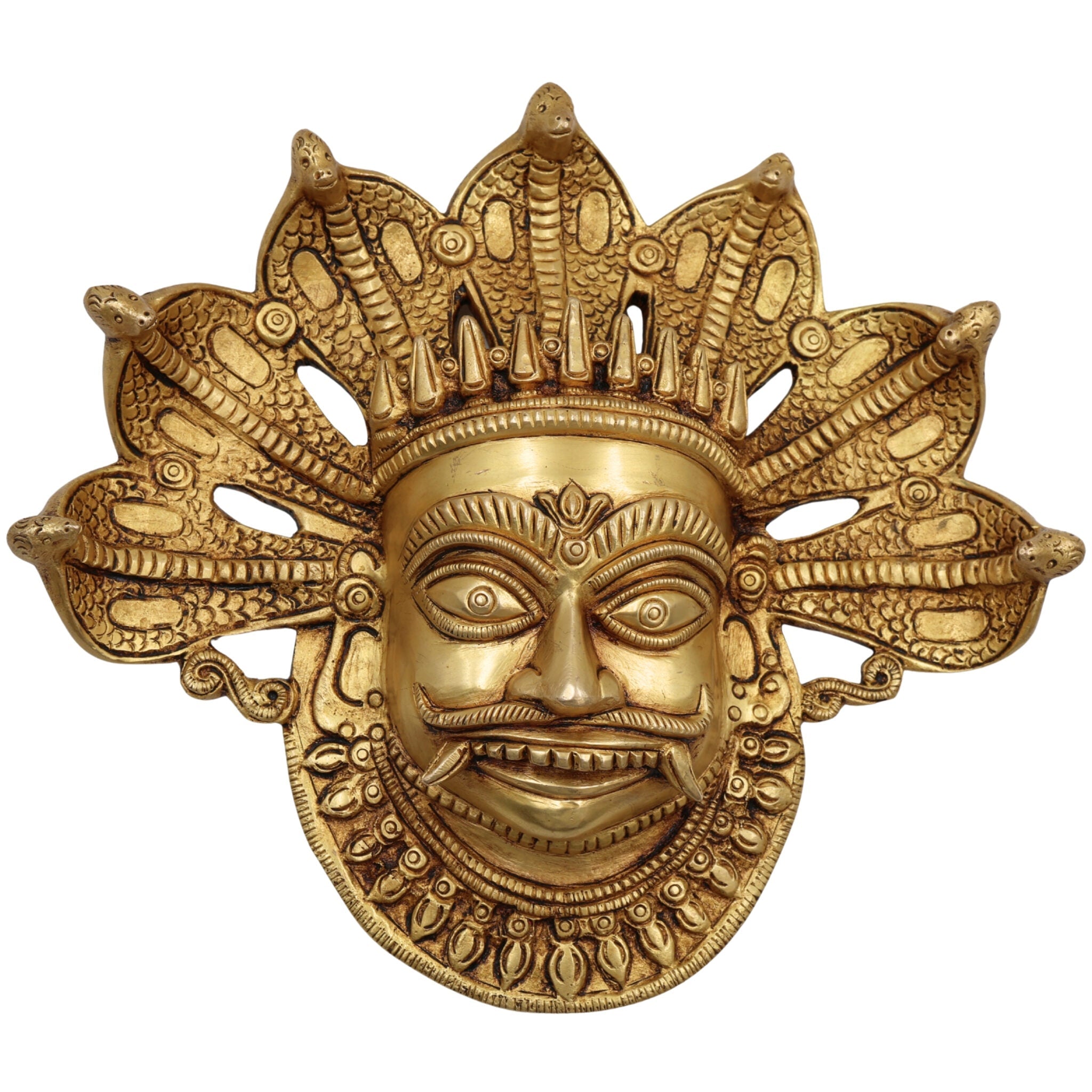 Brass Bhairava Face Idol, Kala Bhairav Murti for Pooja, Home Temple, Spiritual Decor & Protection, Gold, 9 Inch, 1 Piece