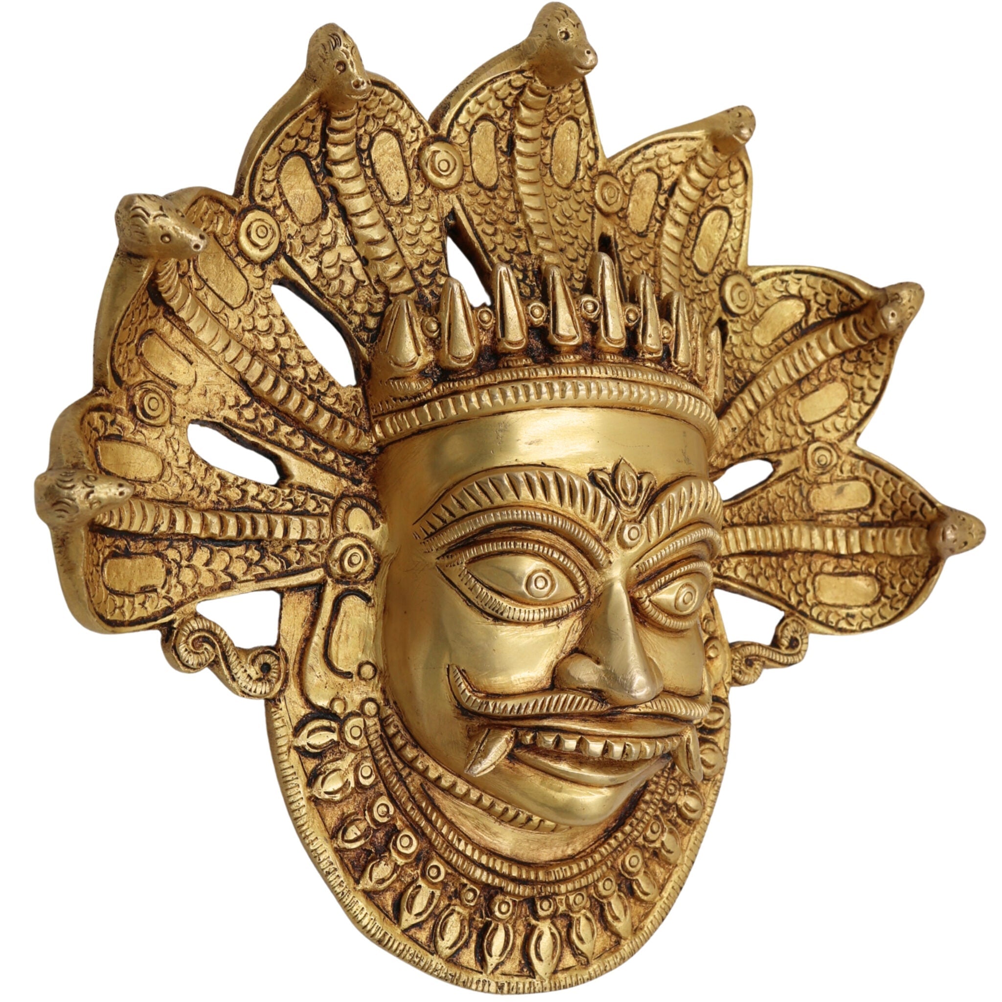 Brass Bhairava Face Idol, Kala Bhairav Murti for Pooja, Home Temple, Spiritual Decor & Protection, Gold, 9 Inch, 1 Piece