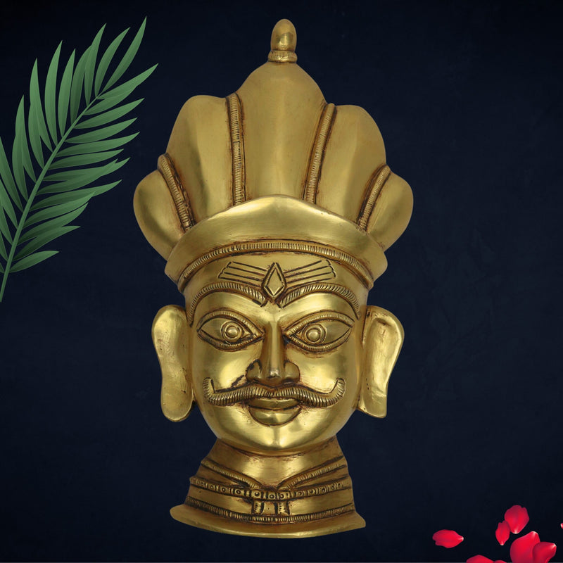 Brass Maha Kaal Bhairav Face, Peetal Shiva Mukha Wall Hanging, Pital Mahadev Mask, Rudra Bhairava Nazar Battu, Handmade Brass Bholenath Idol, Gold, 9.5 Inch, 1 Piece