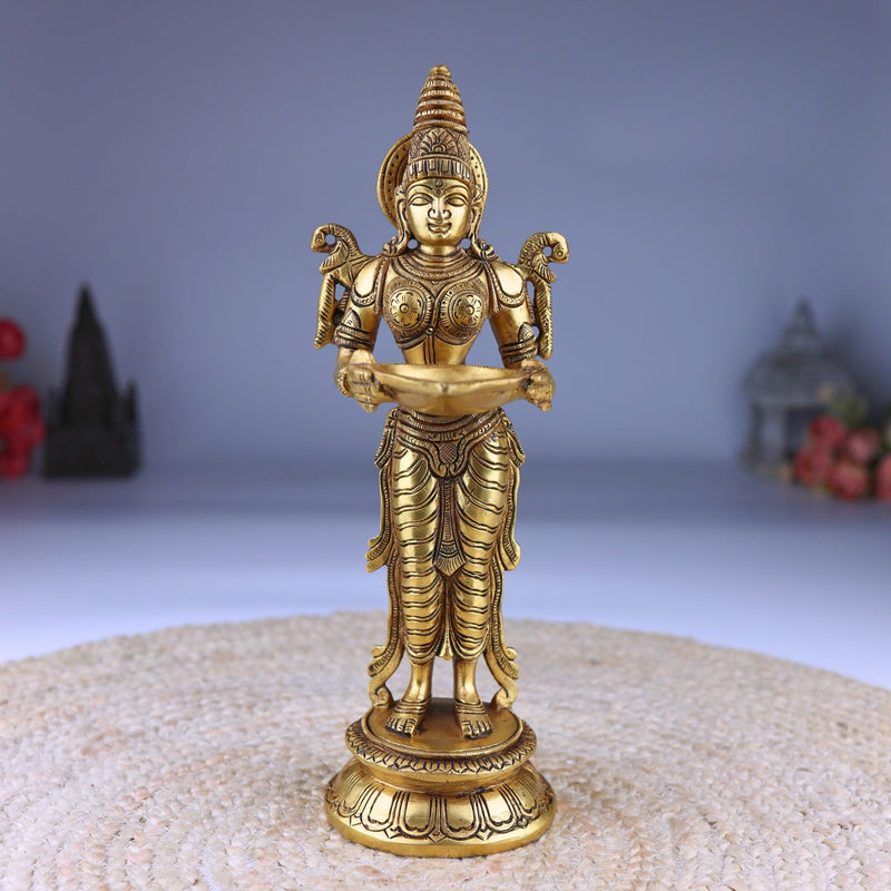 Brass Deepalakshmi Diya – Traditional Lady Holding Deepam | Deep lakshmi | Pital Laxmi Lamp for Pooja, Home Temple Decor & Gifting, Gold, 11.5 Inch, 1 Piece