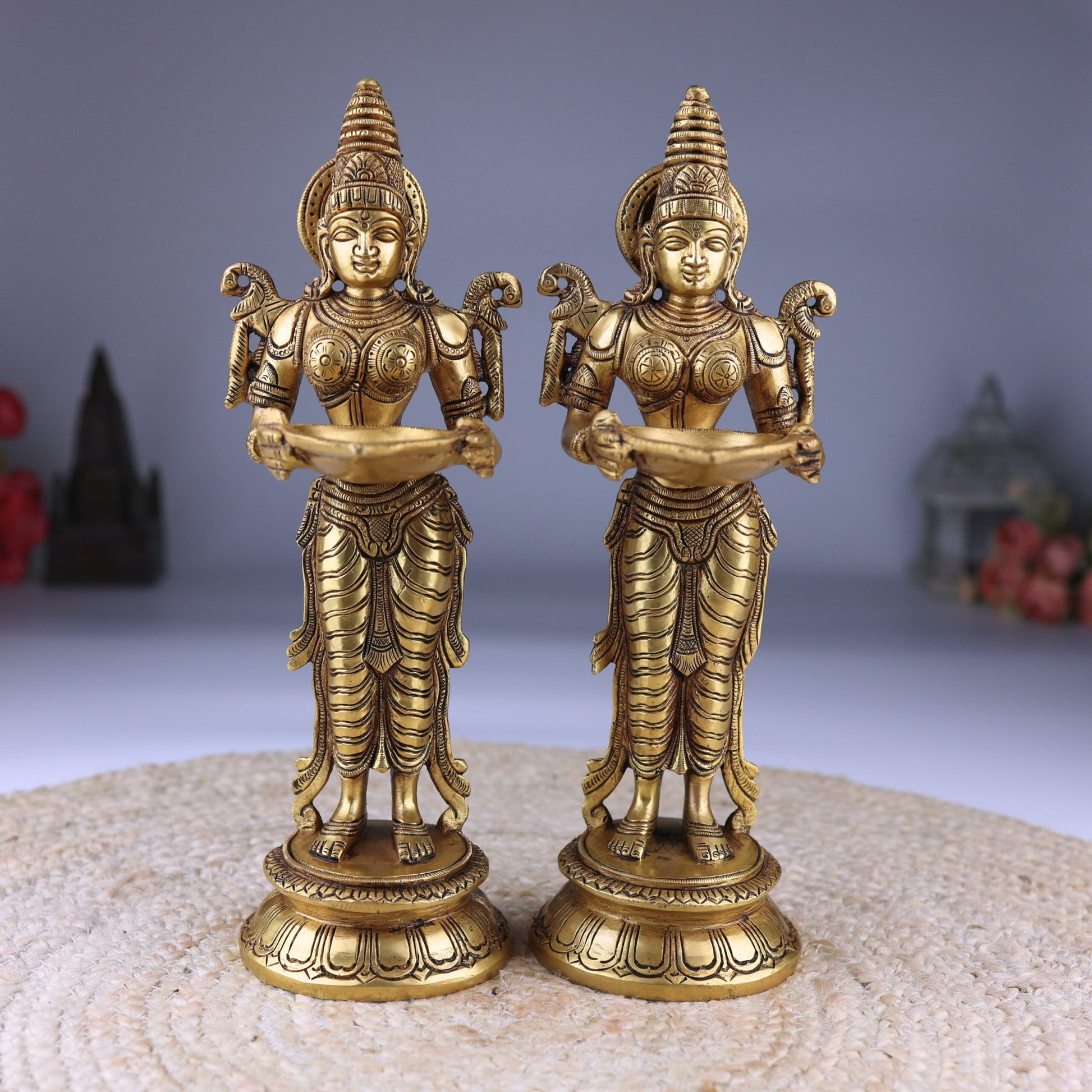 Brass Deepalakshmi Diya Set, Deepam Lady Lakshmi Idol, Deep Laxmi Brass Oil Lamp, Traditional Pital Deepam Figurine, Gold, 11.5 Inch, Set of 2