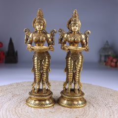 Brass Deepalakshmi Diya Set, Deepam Lady Lakshmi Idol, Deep Laxmi Brass Oil Lamp, Traditional Pital Deepam Figurine, Gold, 11.5 Inch, Set of 2