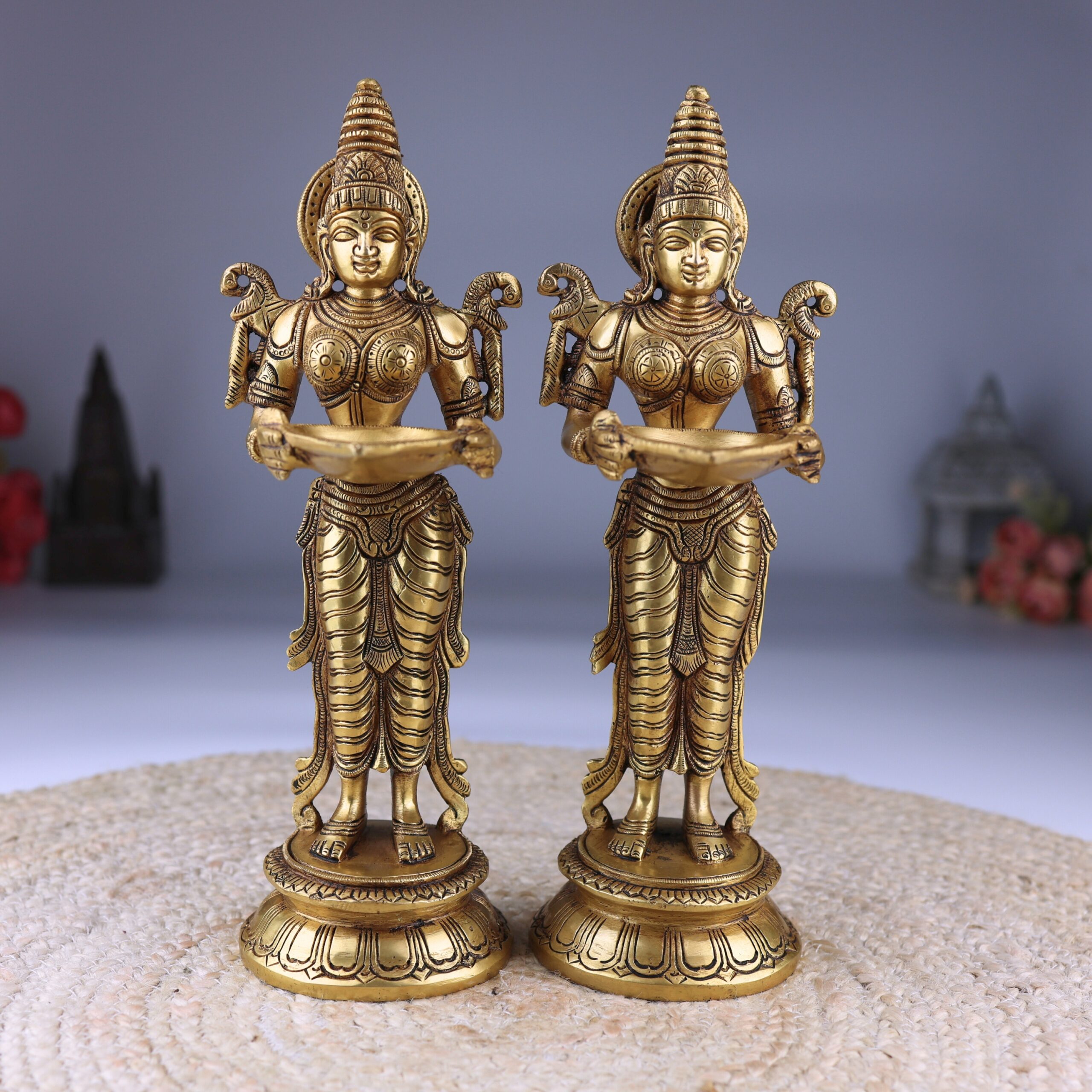 Brass Deepalakshmi Diya Set, Deepam Lady Lakshmi Idol, Deep Laxmi Brass Oil Lamp, Traditional Pital Deepam Figurine, Gold, 11.5 Inch, Set of 2