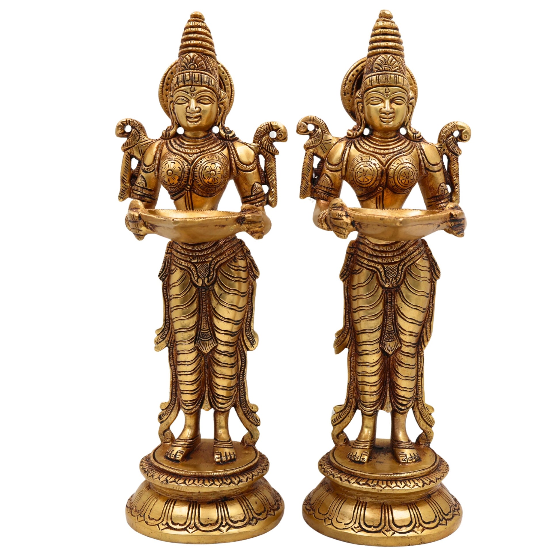 Brass Deepalakshmi Diya Set, Deepam Lady Lakshmi Idol, Deep Laxmi Brass Oil Lamp, Traditional Pital Deepam Figurine, Gold, 11.5 Inch, Set of 2