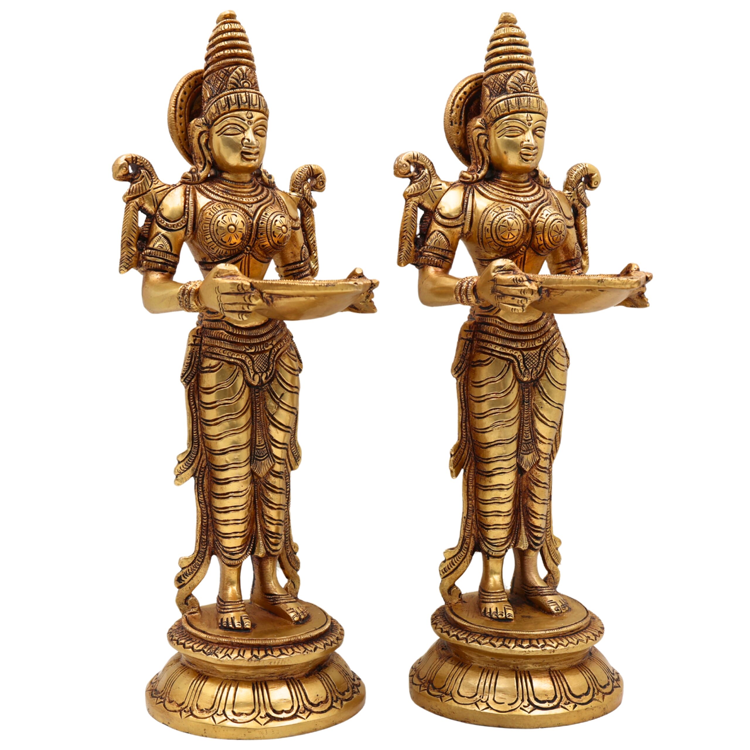 Brass Deepalakshmi Diya Set, Deepam Lady Lakshmi Idol, Deep Laxmi Brass Oil Lamp, Traditional Pital Deepam Figurine, Gold, 11.5 Inch, Set of 2