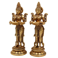 Brass Deepalakshmi Diya Set, Deepam Lady Lakshmi Idol, Deep Laxmi Brass Oil Lamp, Traditional Pital Deepam Figurine, Gold, 11.5 Inch, Set of 2