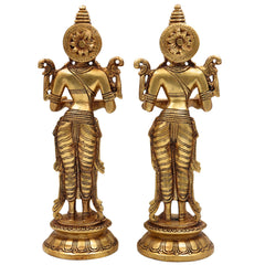 Brass Deepalakshmi Diya Set, Deepam Lady Lakshmi Idol, Deep Laxmi Brass Oil Lamp, Traditional Pital Deepam Figurine, Gold, 11.5 Inch, Set of 2