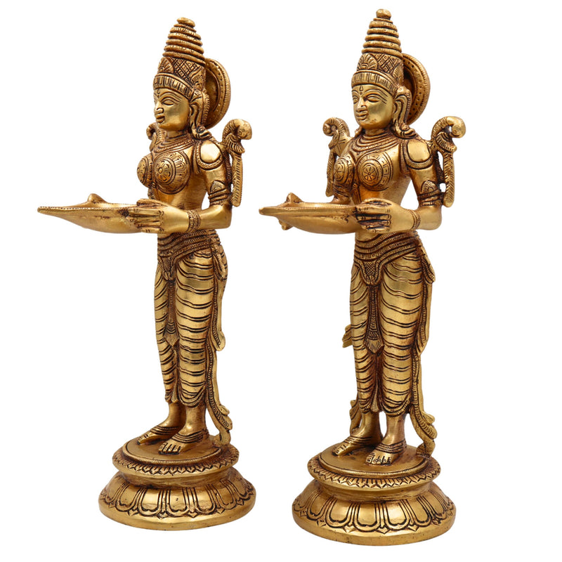 Brass Deepalakshmi Diya Set, Deepam Lady Lakshmi Idol, Deep Laxmi Brass Oil Lamp, Traditional Pital Deepam Figurine, Gold, 11.5 Inch, Set of 2