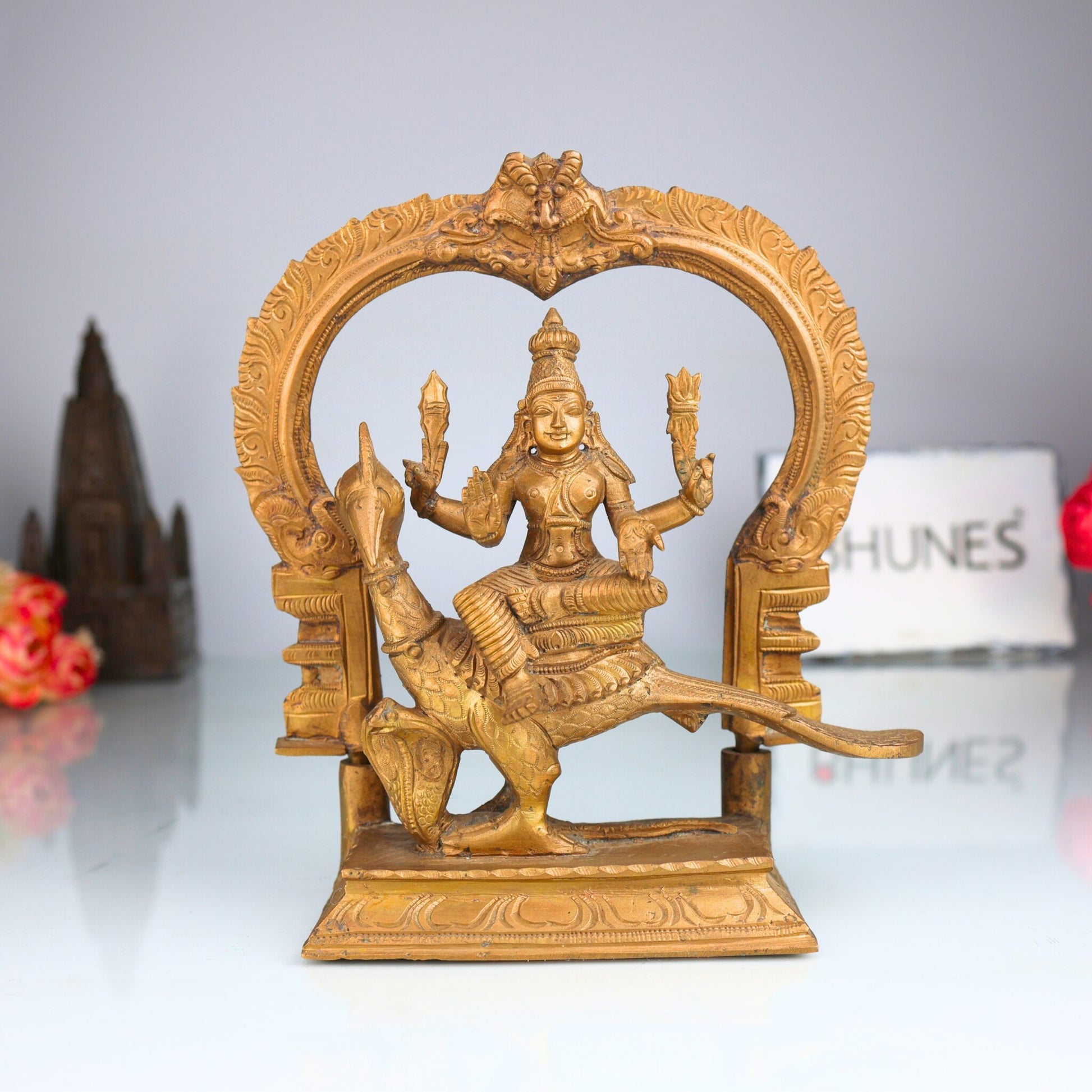 Handcrafted Bronze Kartikeya Idol | Murugan, Skanda, Kumara Panchaloha Sculpture for Pooja & Temple Décor,Gold, 8 Inch, 1 Piece