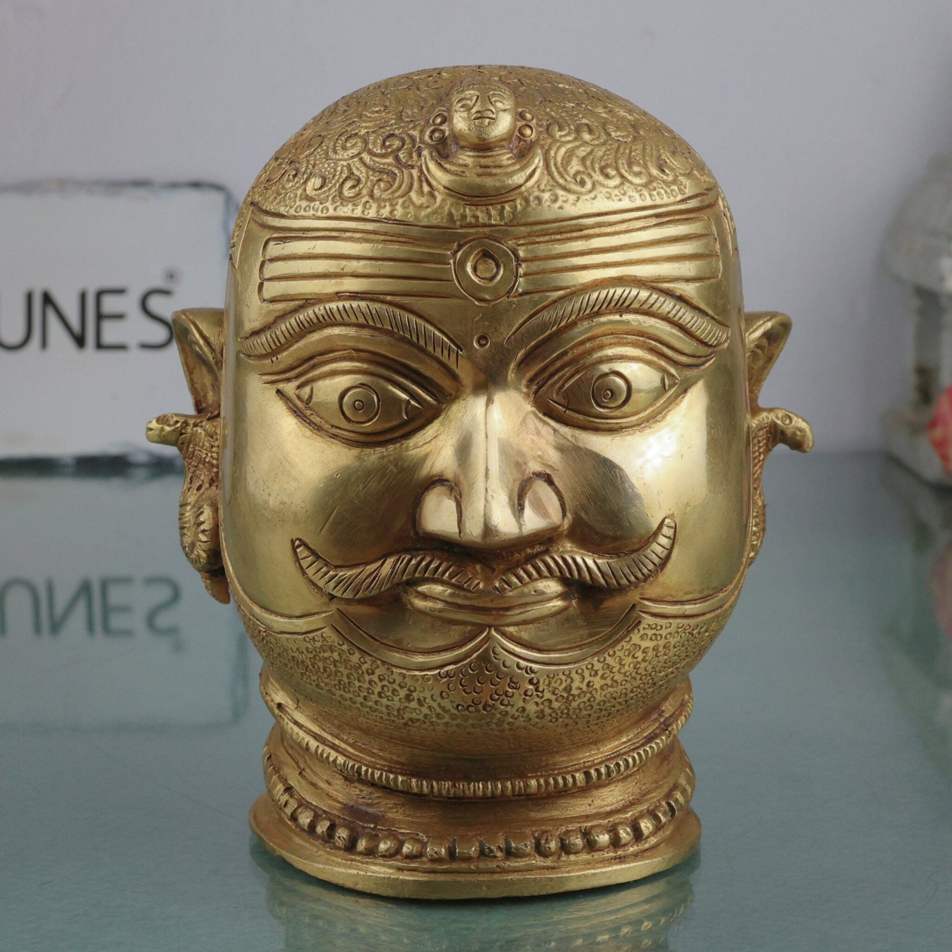 Brass Shiva Face Idol, Peetal Mahadev Mukha, Pital Bholenath Head, Handmade Rudra Mask, Gold, 6.5 Inch, 1 Piece