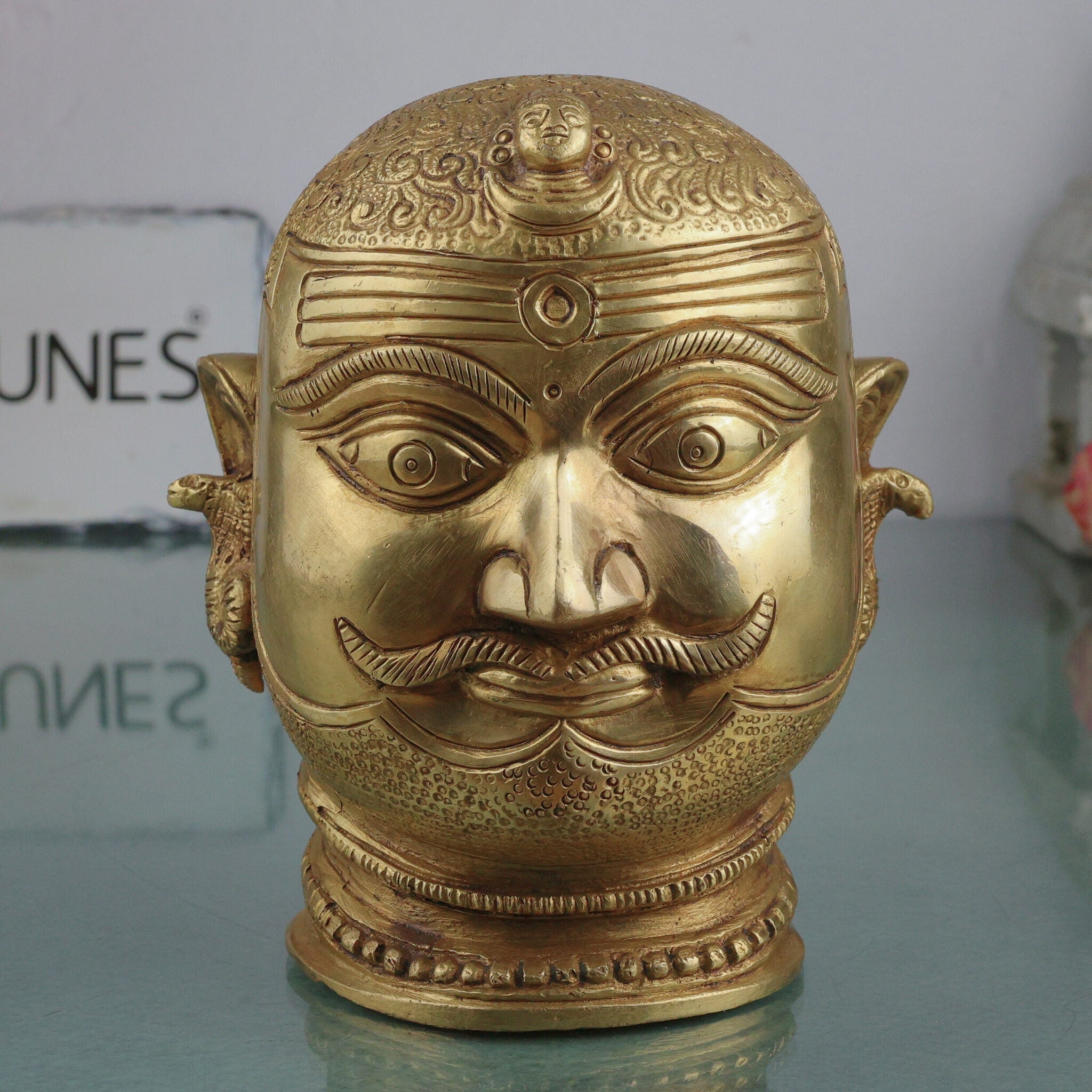 Brass Shiva Face Idol, Peetal Mahadev Mukha, Pital Bholenath Head, Handmade Rudra Mask, Gold, 6.5 Inch, 1 Piece