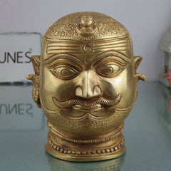 Brass Shiva Face Idol, Peetal Mahadev Mukha, Pital Bholenath Head, Handmade Rudra Mask, Gold, 6.5 Inch, 1 Piece
