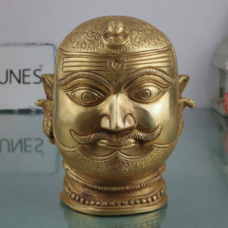 Brass Shiva Face Idol, Peetal Mahadev Mukha, Pital Bholenath Head, Handmade Rudra Mask, Gold, 6.5 Inch, 1 Piece