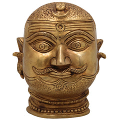Brass Shiva Face Idol, Peetal Mahadev Mukha, Pital Bholenath Head, Handmade Rudra Mask, Gold, 6.5 Inch, 1 Piece