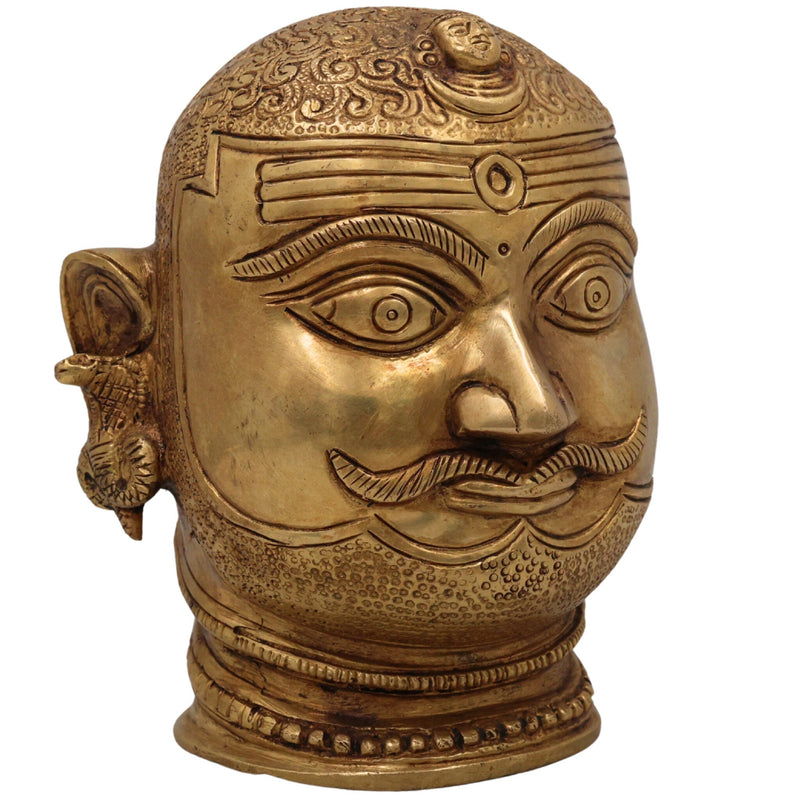 Brass Shiva Face Idol, Peetal Mahadev Mukha, Pital Bholenath Head, Handmade Rudra Mask, Gold, 6.5 Inch, 1 Piece