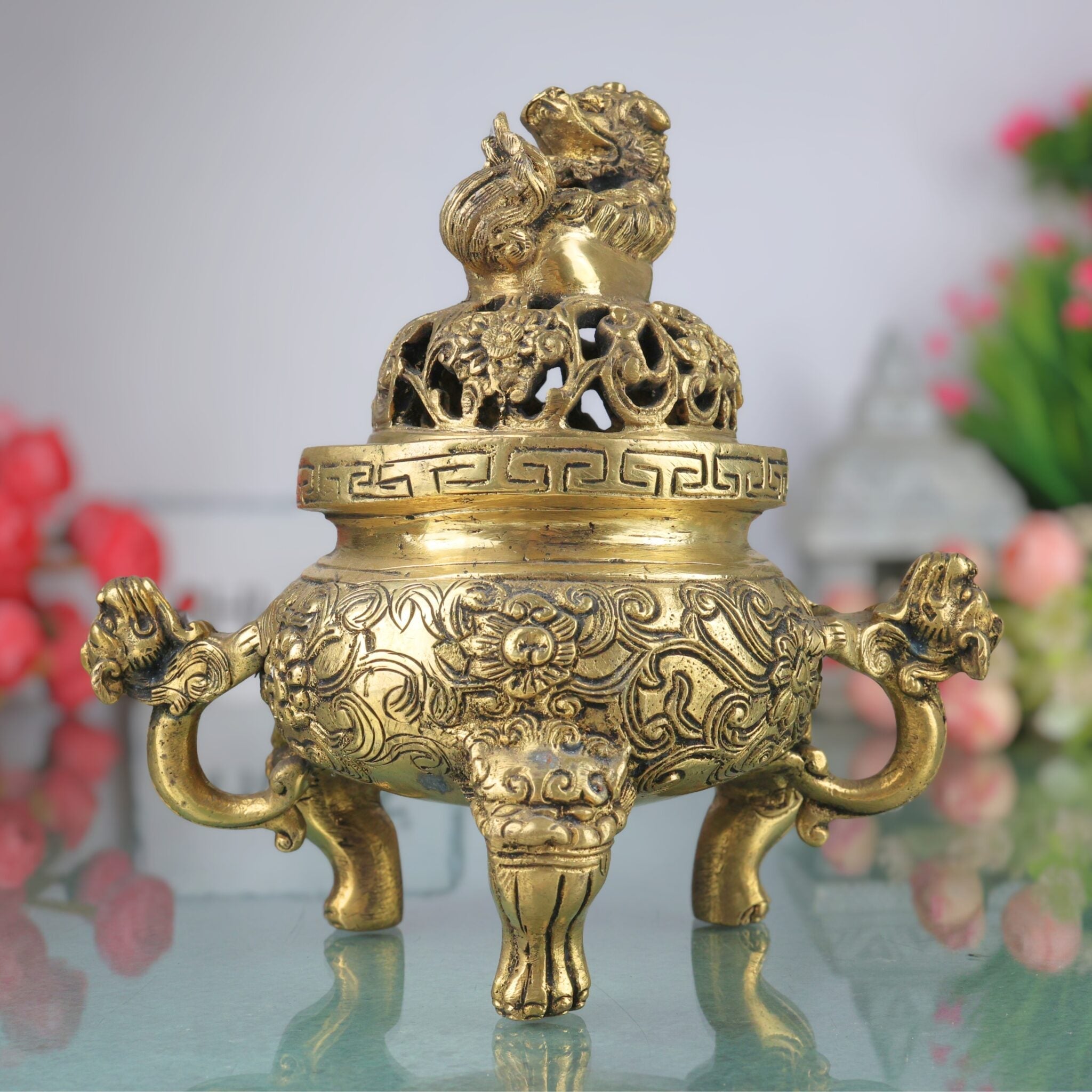 Brass Dragon Motif Bowl – Handcrafted Peetal Showpiece with Antique Gold Finish, 8 Inch